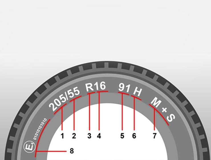 vista laterale di un pneumatico ed i suoi codici